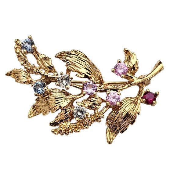 Vermeil Sterling Leaf Branch Brooch Multi Color Gem Lab Stone Pin C668 - Picture 2 of 9